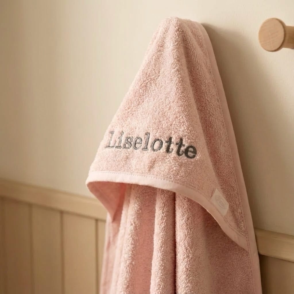 badcape met naam want in de badkamer.