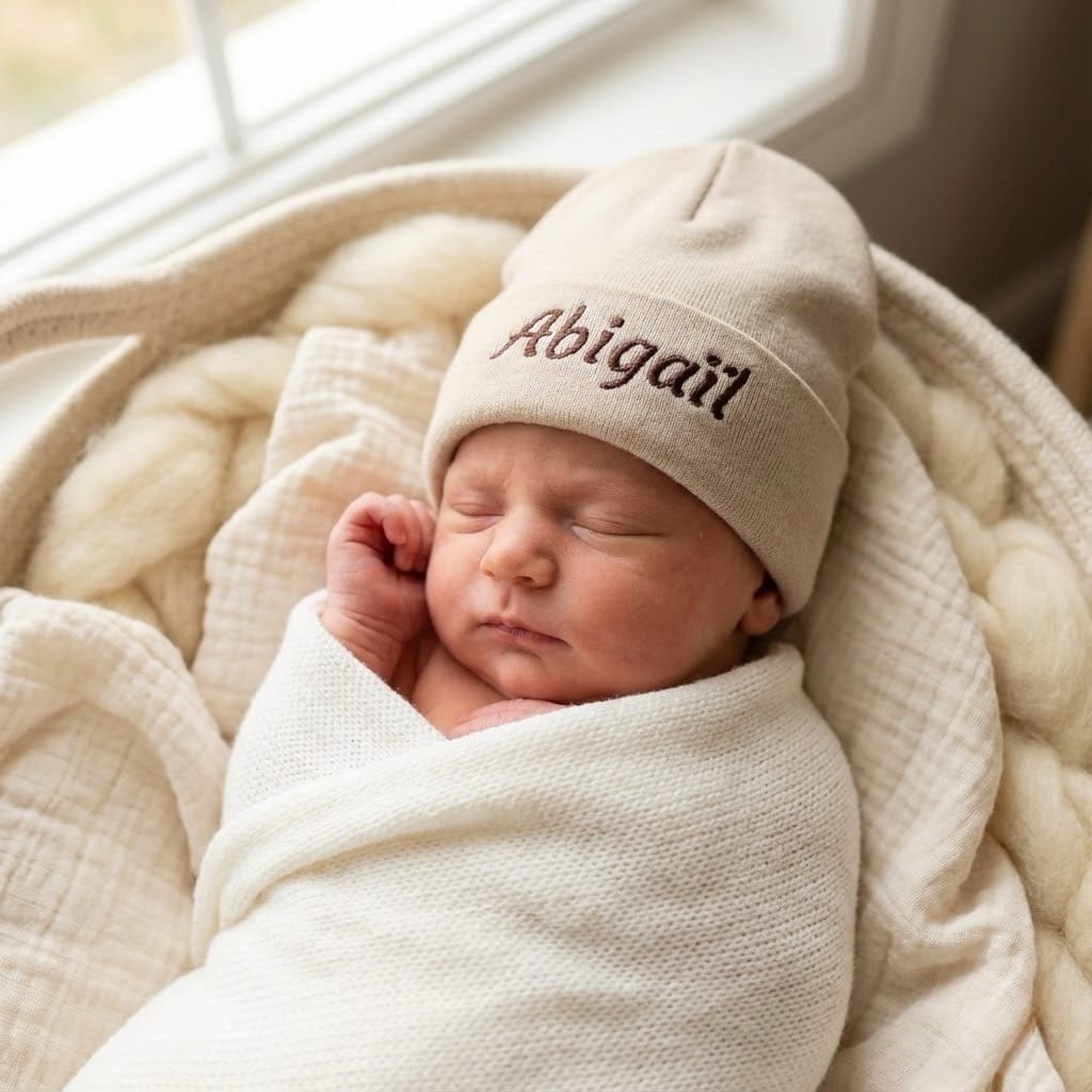 baby muts met naam, slapende baby met muts.