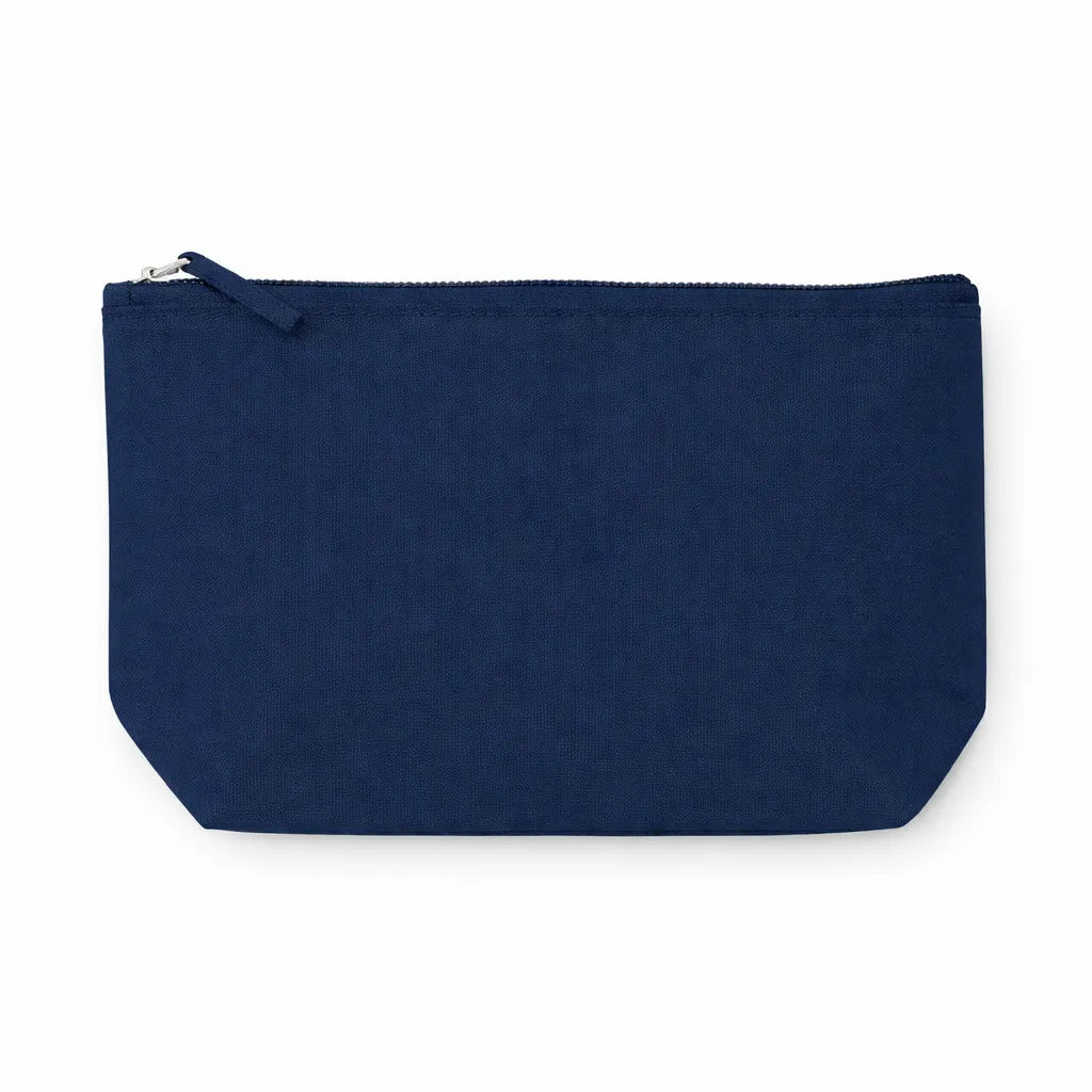 Donkerblauwe canvas toilettas met geborduurde naam