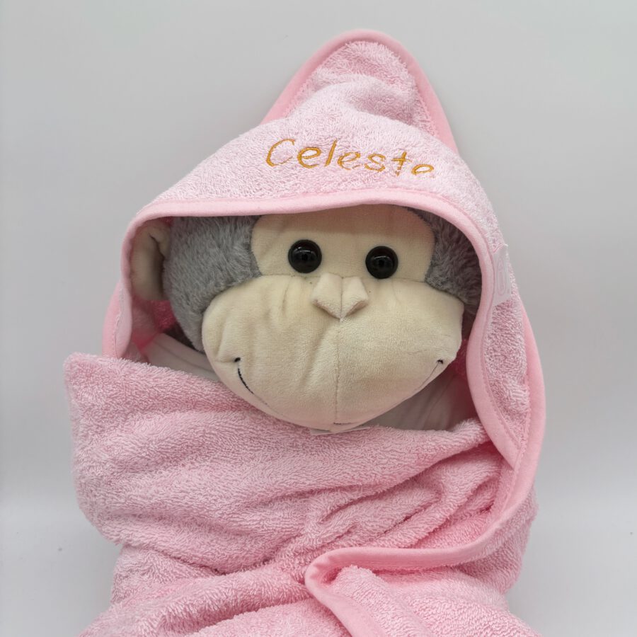 knuffel aap met badcape roze met naam goud