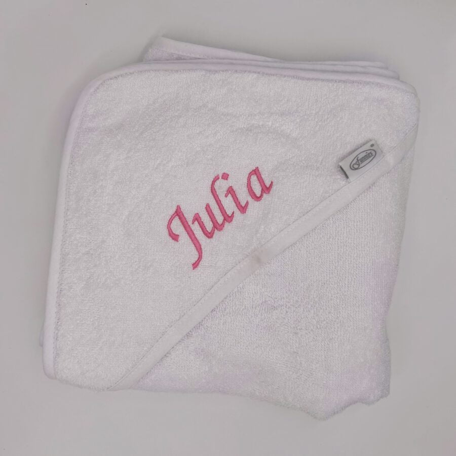 badcape wit met naam in roze