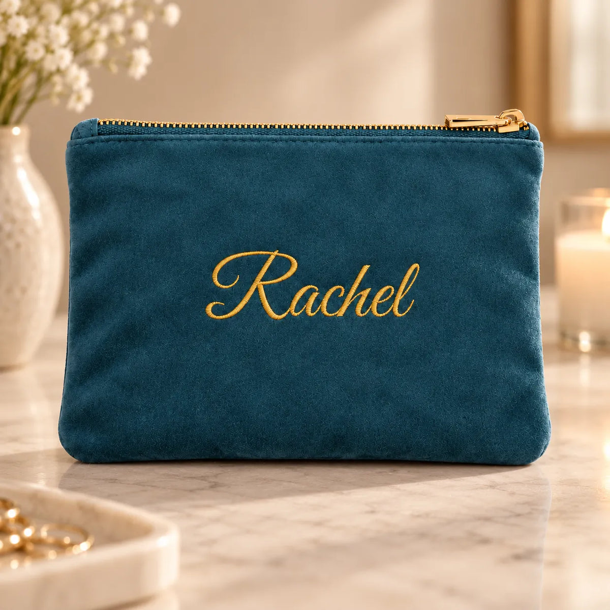 Velvet Make-up tas met naam Rachel in goud