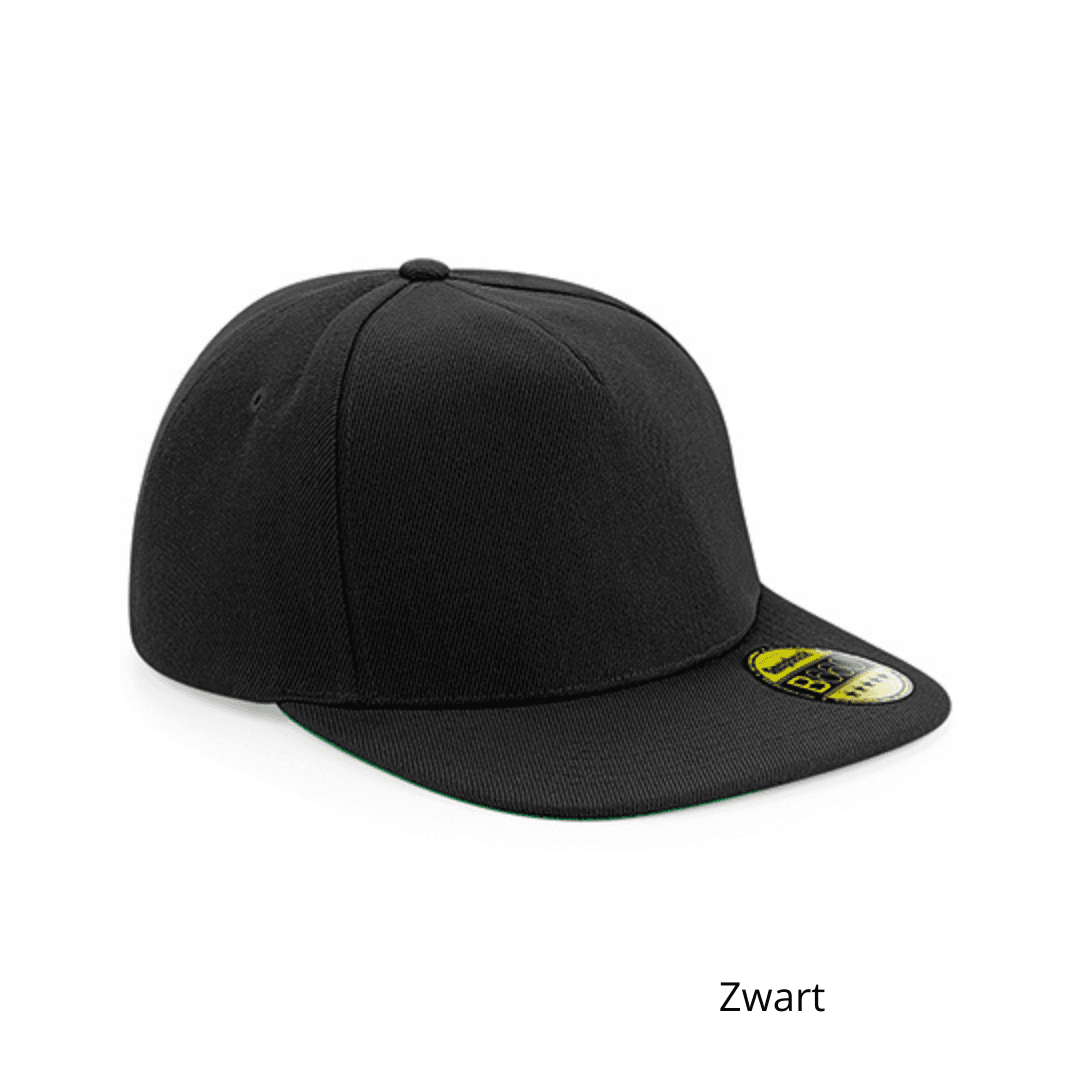 Zwarte snapback pet met naam geborduurd, 5-panel pet met platte klep