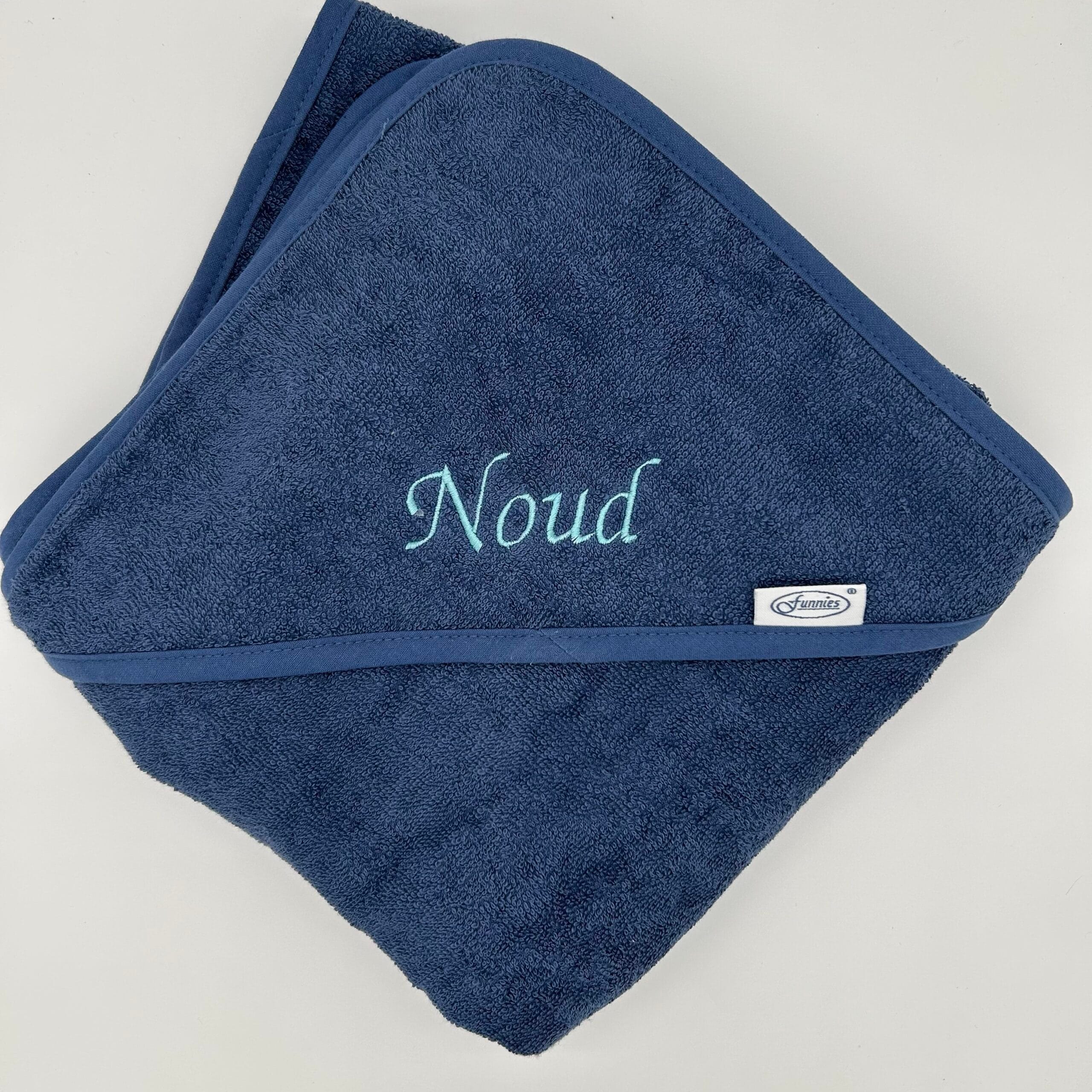 badcape met naam blauw