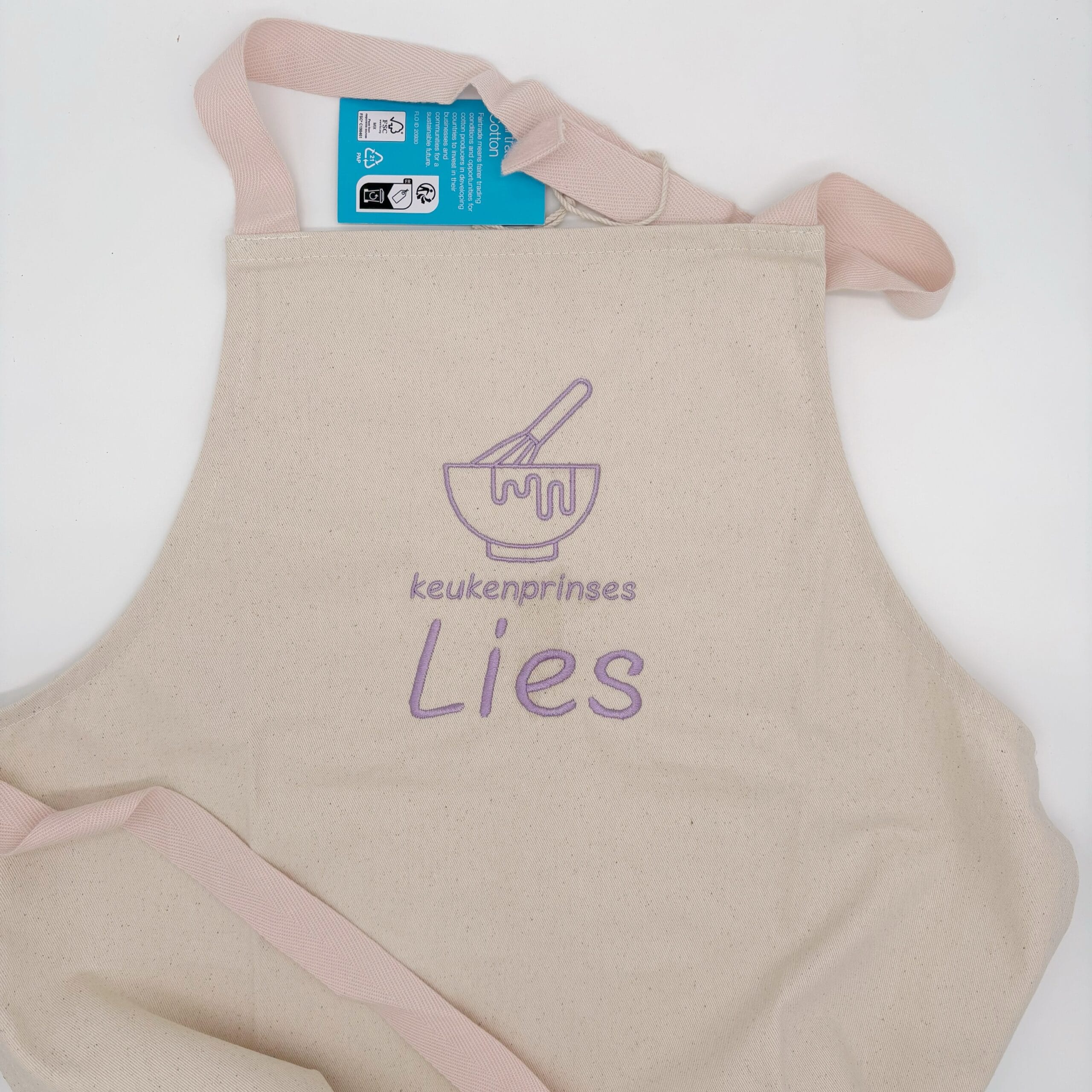 Kinderkeukenschort met naam geborduurd – Naturel