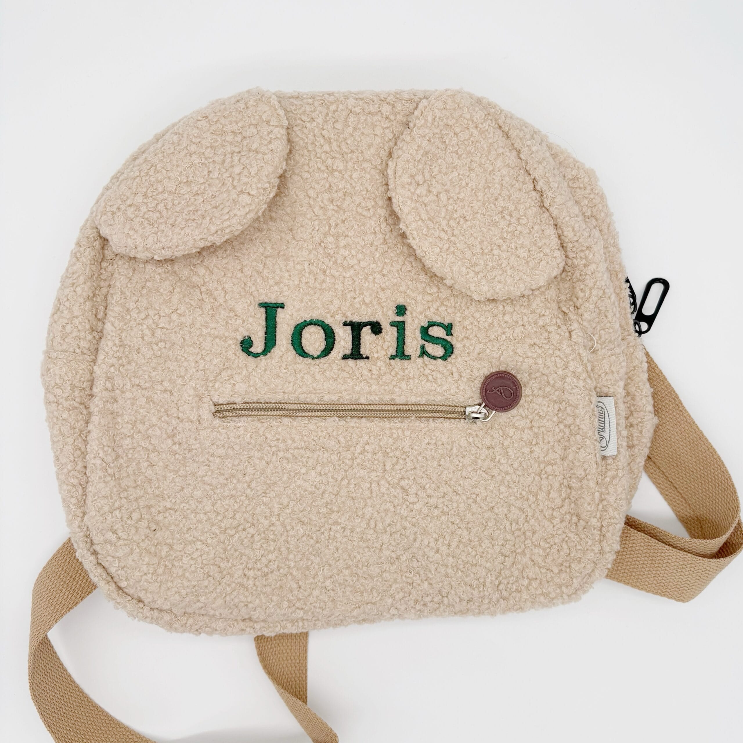 Teddy rugtas met berenoortjes – met naam geborduurd