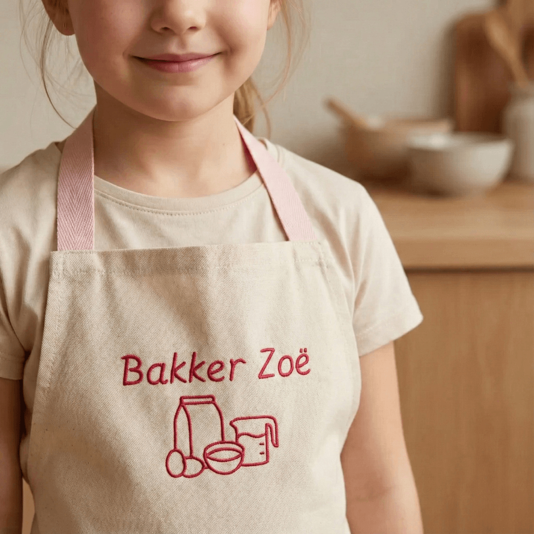 Kinderkeukenschort met naam geborduurd – Naturel