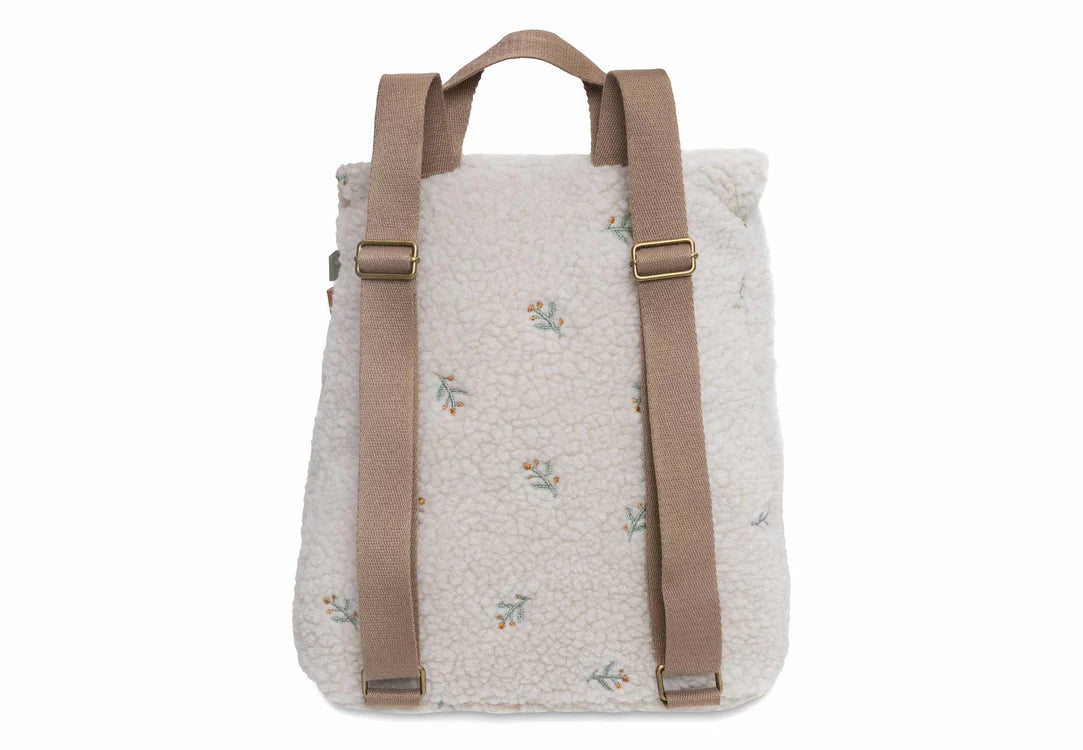 Achterkant van Jollein Teddy Rugzak met naam Lovely, met verstelbare schouderbanden en zachte teddy-stof voor comfortabel dragen.