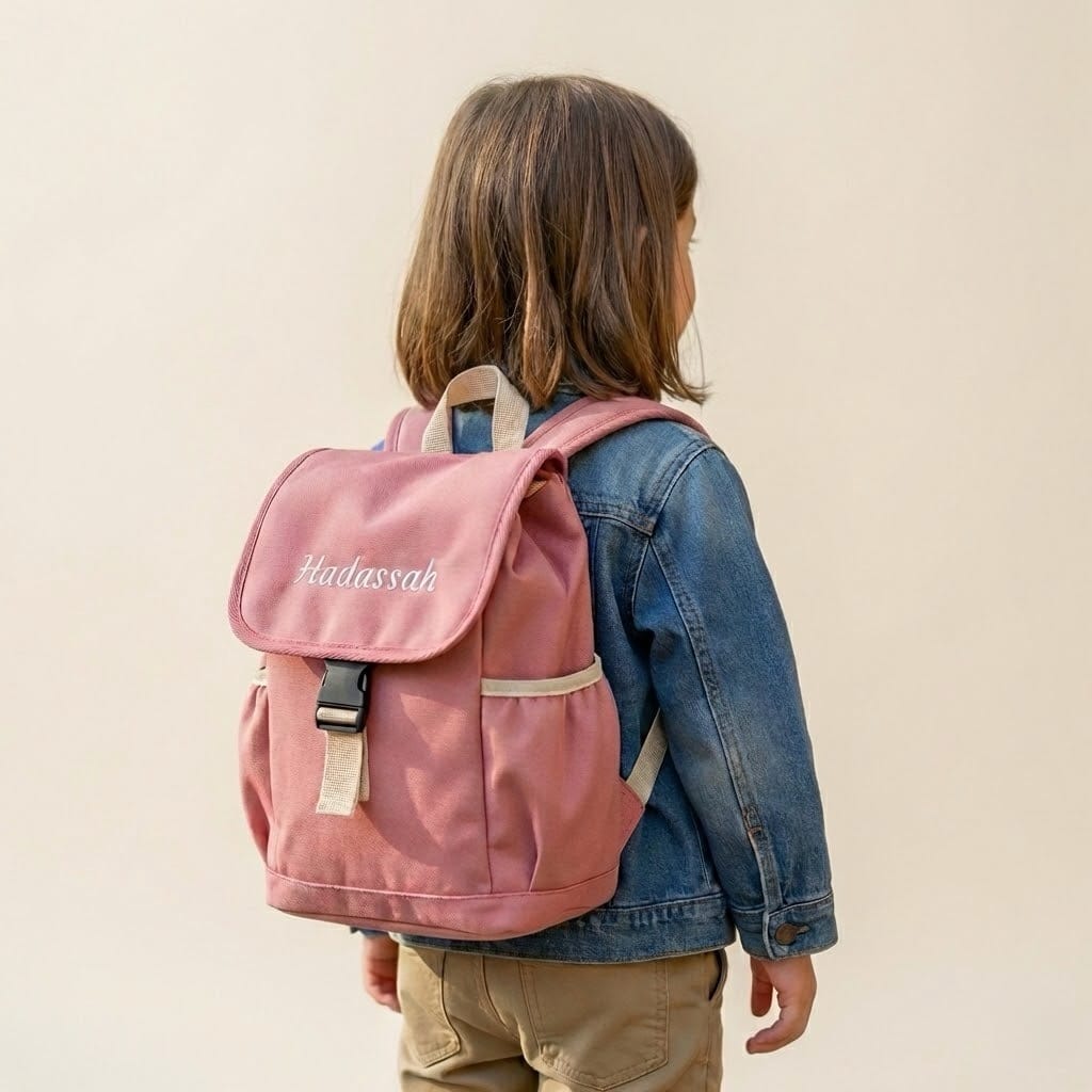 Meisje met duurzame rugtas met naam, gemaakt van gerecyclede PET-flessen