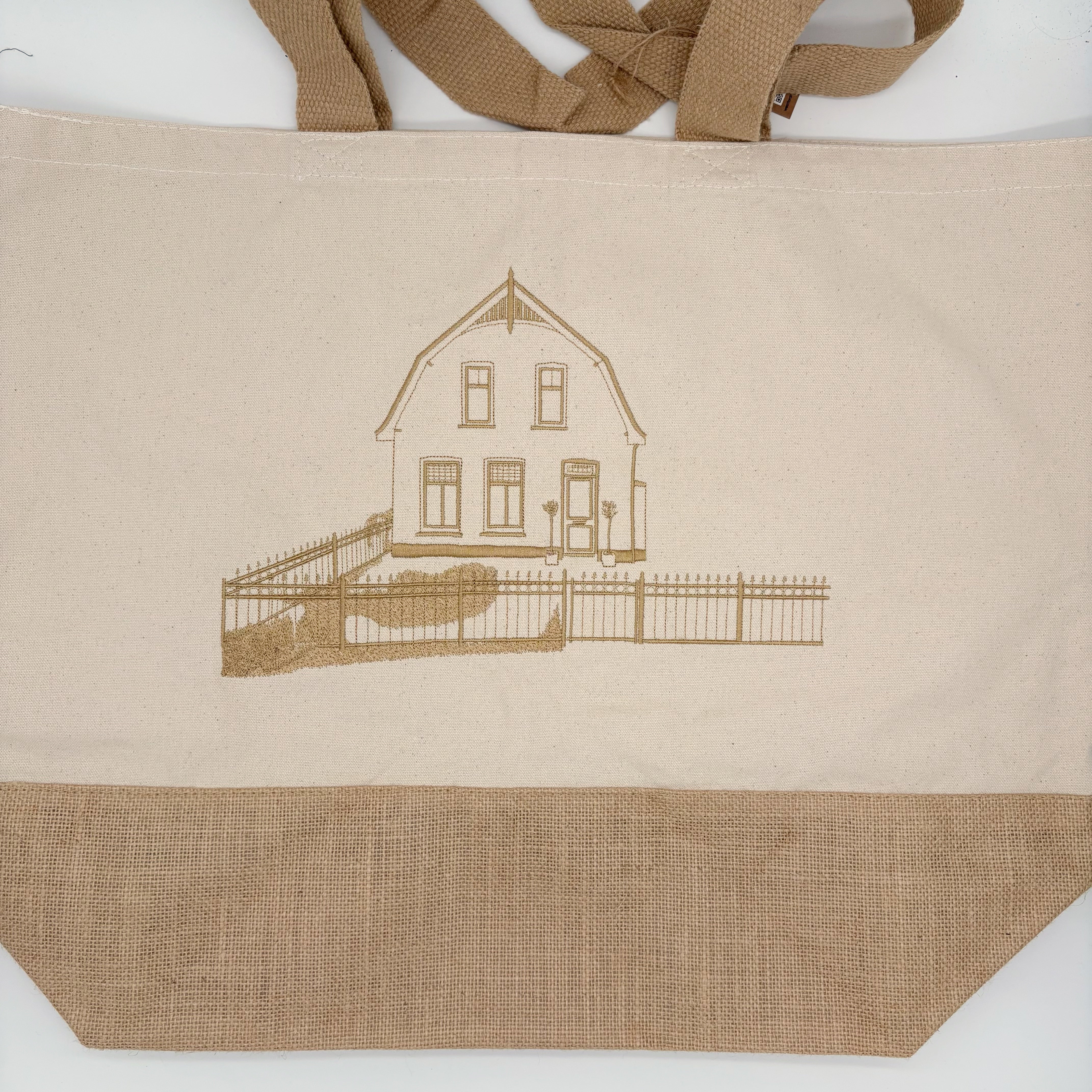 ote bag met persoonlijke lijntekening van gezin op basis van eigen foto