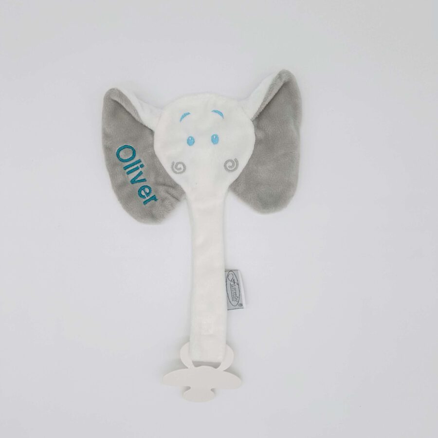 witte speendoek met naam in oor. 