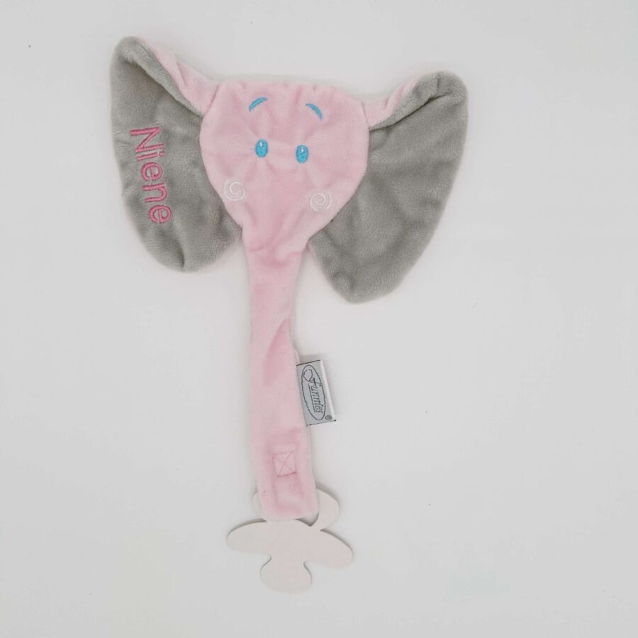 speendoekje met naam roze olifant. in oor naam geborduurd 